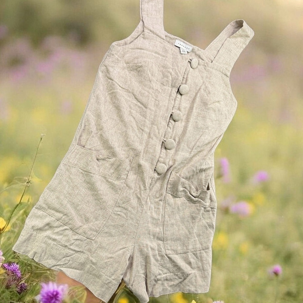 Topshop Romper Women 2 Beige Viscose Linen Blend Button Jumpsuit Pocket Shorts